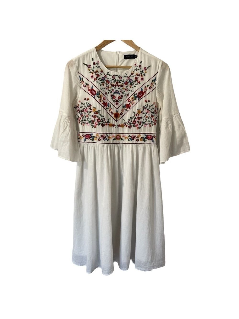 Roolee Embroidered Long Sleeve Dress Sz S White Floral Peasant Prairie Boho EUC